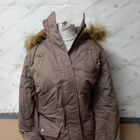 RUTH LANGSFORD FAUX FUR TRIM PARKA COAT IN CAPPUCCINO SIZE MEDIUM 