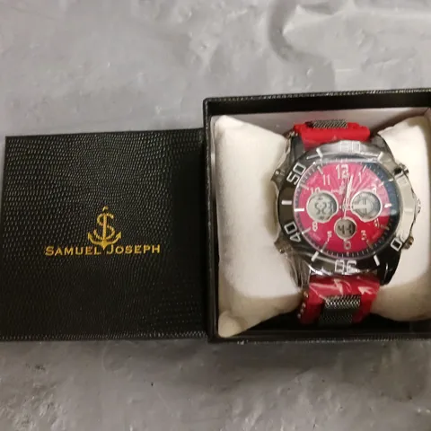 BOXED SAMUEL JOSEPH MULTI FUNCTIONAL RED DIAL CHRONOGRAPH WATCH