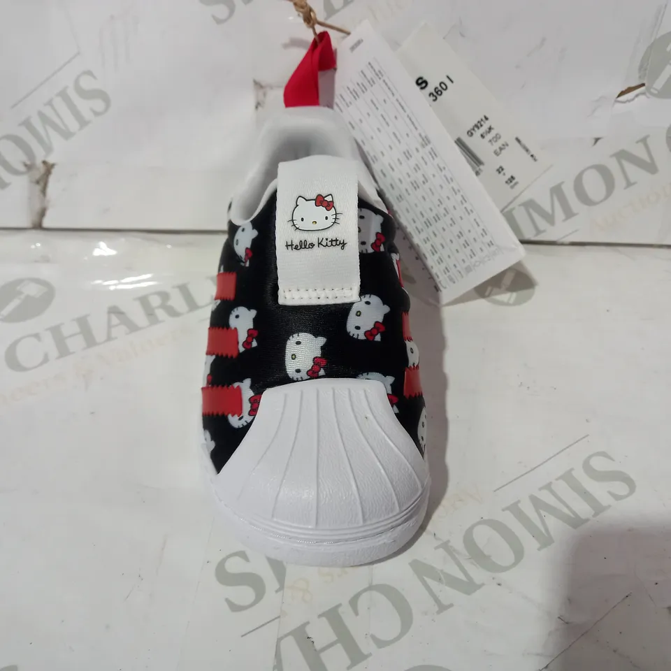 BOXED PAIR OF ADIDAS HELLO KITTY SUPERSTAR 360 I SHOES IN BLACK/RED/WHITE UK SIZE 5.5K