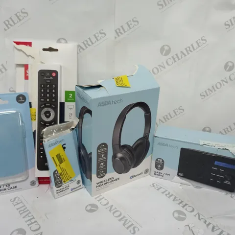 BOX OF APPROXIMATELY 20 ASSORTED ELECTRICALS TO INCLUDE ONE FOR ALL REMOTE, WIRELESS HEADPHONES, DAB+/RADIO, ETC