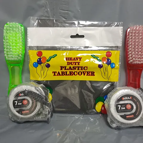 APPROXIMATELY 15 ASSORTED HOUSEHOLD ITEMS TO INCLUDE HEAVY DUTY PLASTIC TABLECOVER, TAPE MEASURE, ETC