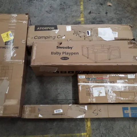 PALLET CONTAINING ASSORTED PRODUCTS INCLUDING CAMPING COT, BABY PLAYPEN, COMPACT DUMBBELL RACK, LED BATTEN LIGHT & 9 DRAWER CHEST OF DRAWERS
