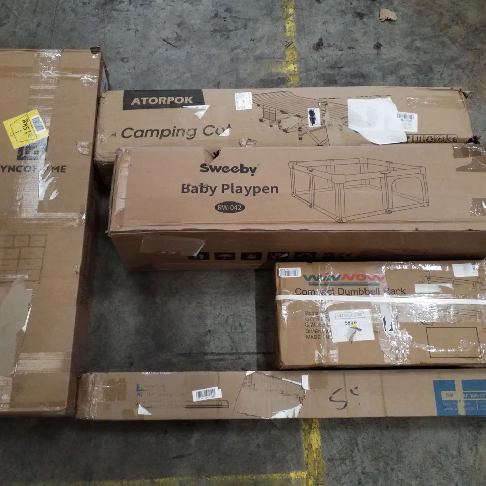 PALLET CONTAINING ASSORTED PRODUCTS INCLUDING CAMPING COT, BABY PLAYPEN, COMPACT DUMBBELL RACK, LED BATTEN LIGHT & 9 DRAWER CHEST OF DRAWERS 