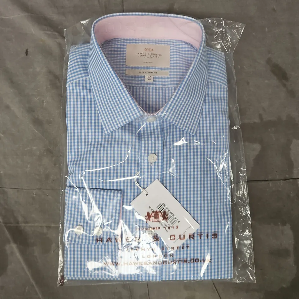 BAGGED HAWES & CURTIS EX SLIM GINGHAM SHIRT IN BLUE/WHITE SIZE 16.5/36