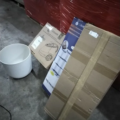 PALLET OF HOUSEHOLD ITEMS TO INCLUDE PLANT POT,GARMENT STEAMER,STAINLESS STEEL CLOTHES DRYER, RETRACTABLE BARRIER AND OTHER ASSORTED ITEMS...