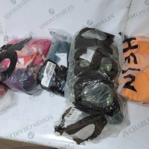 LARGE BOX OF ASSORTED CLOTHING ITEMS IN VARIOUS COLOURS AND SIZES INCLUDING TROUSERS , TOPS AND JUMPERS