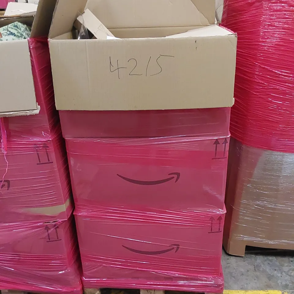 PALLET OF ASSORTED HOUSEHOLD ITEMS AND CONSUMER PRODUCTS. INCLUDES BOOKS, END TABLE, ICE SCRAPERS, PACKS OF MICROFIBRE CLOTHS ETC