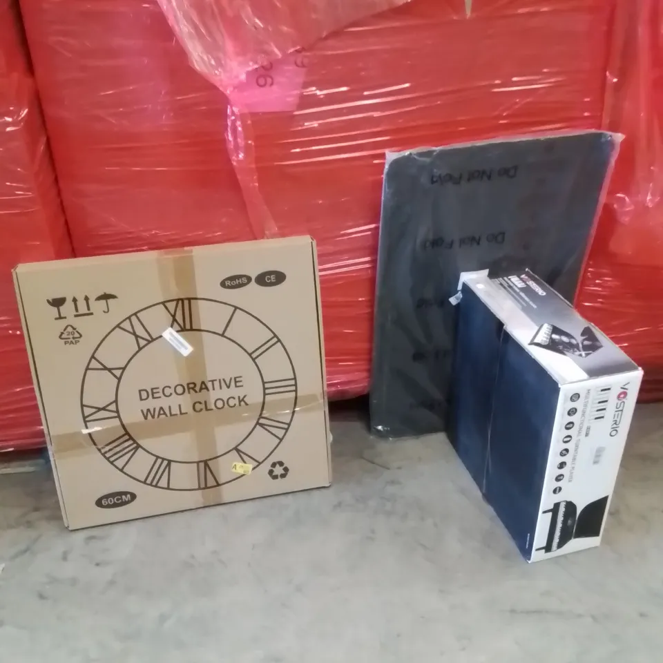 PALLET OF ASSORTED HOUSEHOLD GOODS AND PRODUCTS TO INCLUDE;WALL CLOCK,TURNTABLE,YOGA MAT