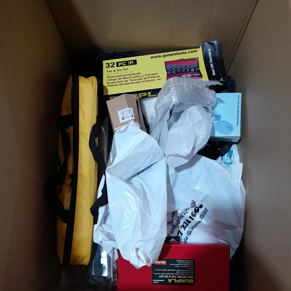 BOX OF APPROXIMATELY 10 ITEMS TO INCLUDE BIKER GLOVES, AA TRAVEL KIT, TAP & DIE SET ETC