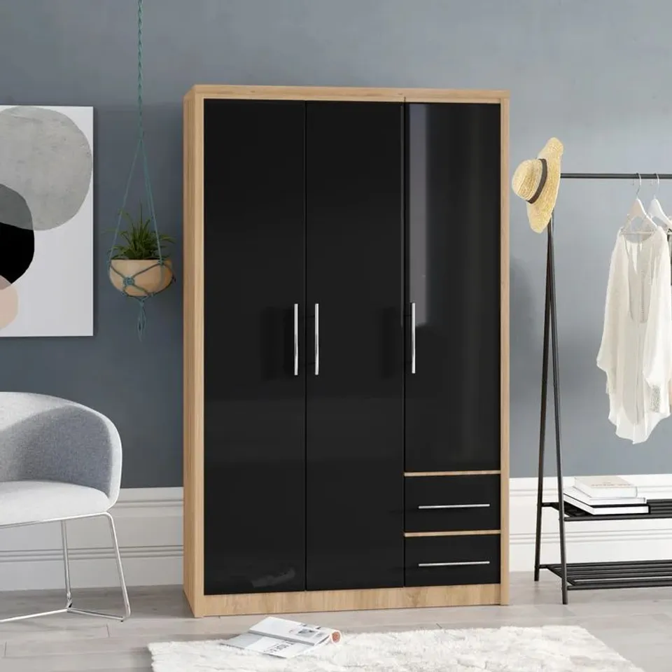BOXED LOUISE 3 DOOR WARDROBE IN BLACK GLOSS / LIGHT OAK VENEER - 3 BOXES COMPLETE SET 