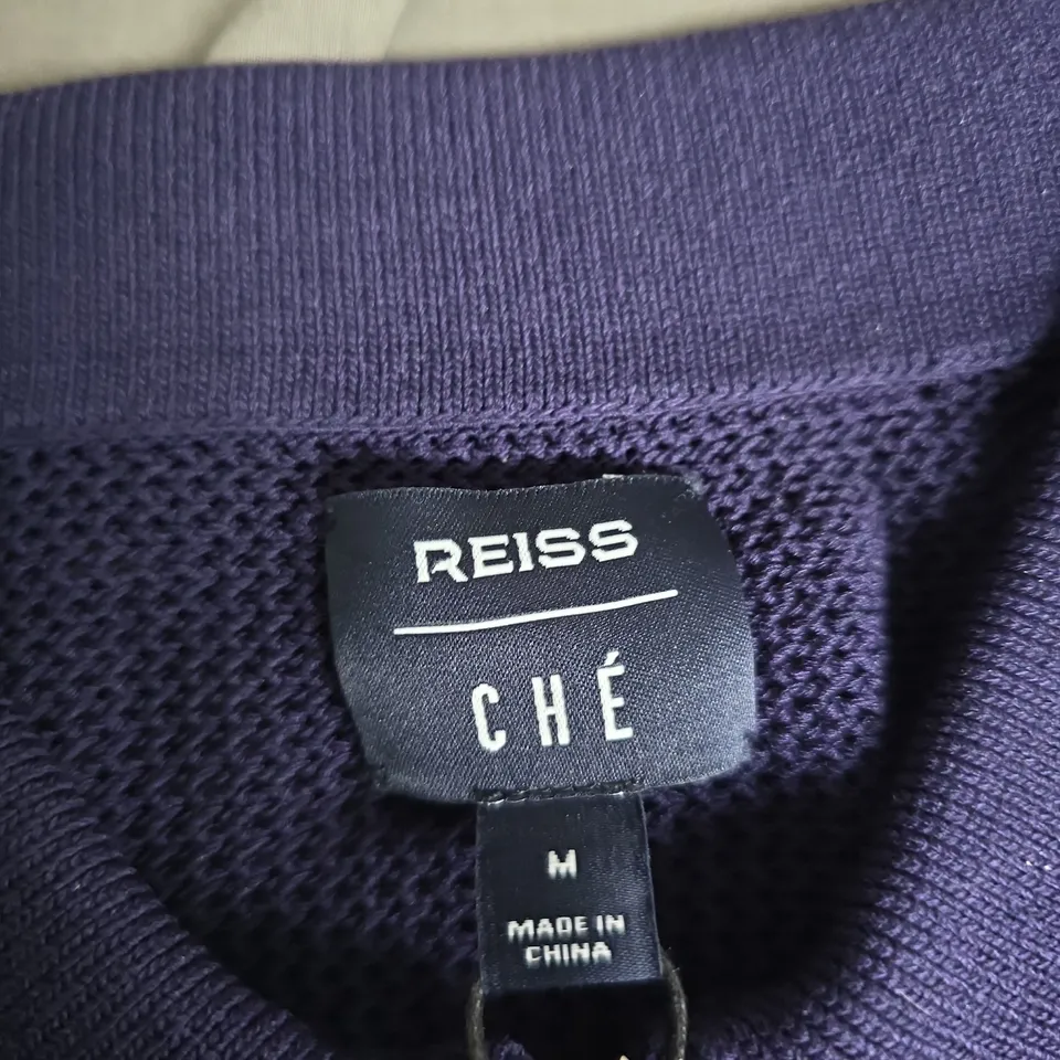 REISS CHE NAVY/CAMEL WIDE-STRIPE KNIT POLO SHIRT, SIZE M (UK)