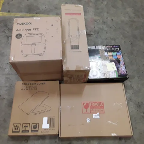 PALLET OF ASSORTED PRODUCTS INCLUDING AIR FRYER, BLADELESS PURIFIER & HEATER FAN, LED ROPE LIGHT, TOILET SEAT, WALL MIRROR