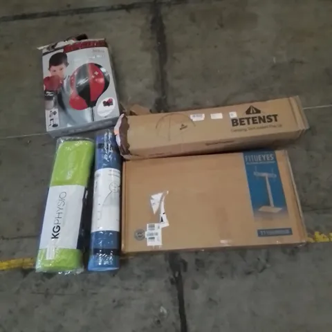 PALLET CONTAINING HOME IMPROVEMENT AND HOUSEHOLD PRODUCTS. INCLUDES PUNCHING BALL, YOGA MAT, TV STAND, TENT ETC