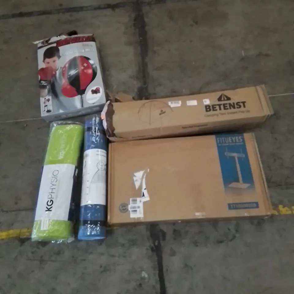 PALLET CONTAINING HOME IMPROVEMENT AND HOUSEHOLD PRODUCTS. INCLUDES PUNCHING BALL, YOGA MAT, TV STAND, TENT ETC