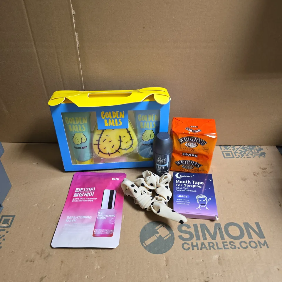 APPROXIMATEY 20 ASSORTED HEALTH AND BEAUTY PRODUCTS TO INCLUDE - GOLDEN BALLS GIFT SET - WRIGHT'S TRADITIONAL SOAP AND DOVE MEN +CARE ROLL ON DEODORANT