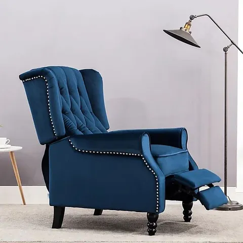BOXED ALTHERM BLUE VELVET PUSH BACK EASY CHAIR (2 BOXES)