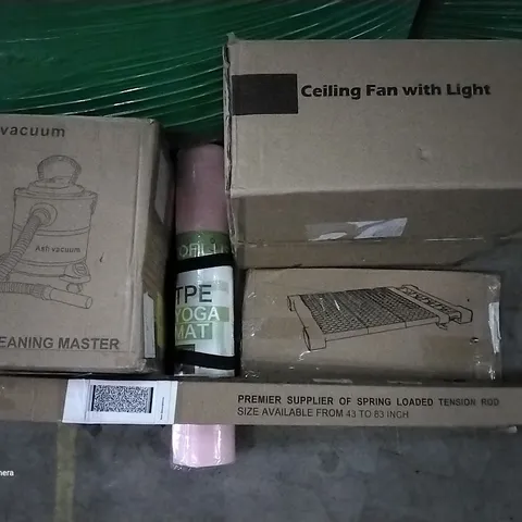 PALLET OF ASSORTED ITEMS INCLUDING ASH CLEANING VACUUM, SPRING LOADED TENSION ROD, CEILING FAN WITH LIGHT, YOGA MAT, CLOTHES RACK