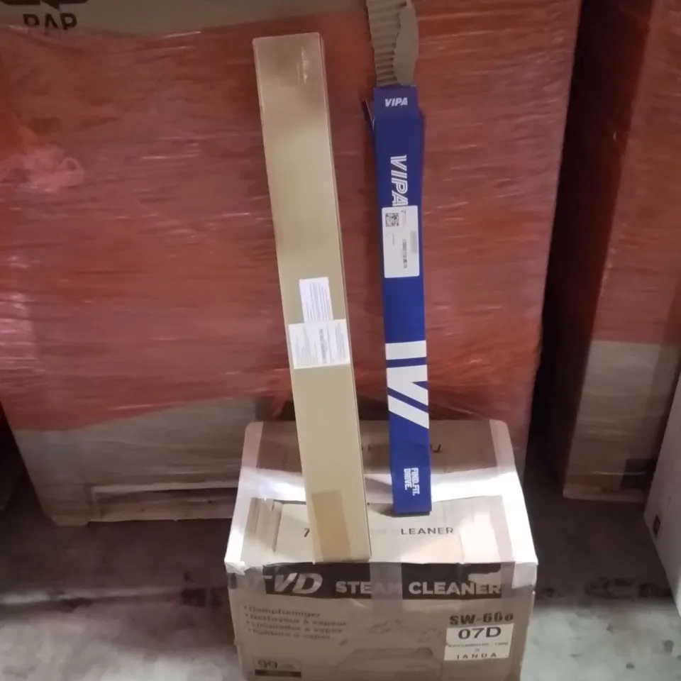 PALLET OF ASSORTED HOUSEHOLD GOODS AND PRODUCTS TO INCLUDE;STEAM CLEANER,CAR WIPERS,PARALETTES BAR