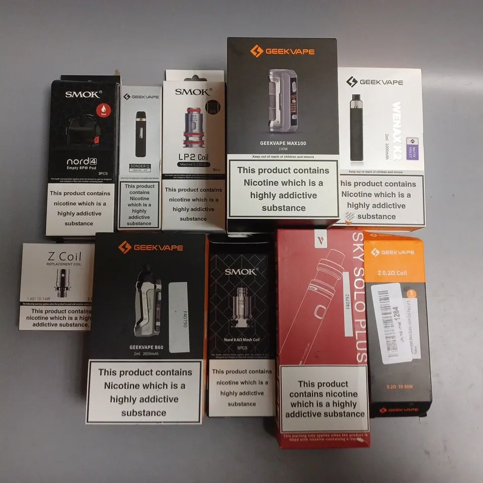 APPROXIMATELY 10 ASSORTED E-CIGARETTE PRODUCTS TO INCLUDE GEEK VAPE & SMOK