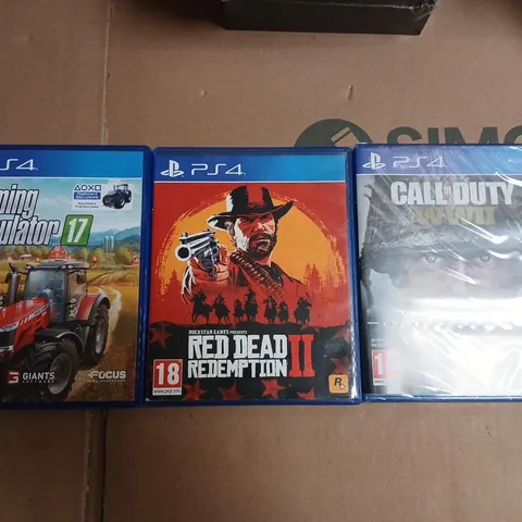 THREE ASSORTED PLAYSTATION FOUR GAMES TO INCLUDE; FARMING SIMULATOR 17, CALL OF DUTY WWII AND RED DEAD REDEMPTION II