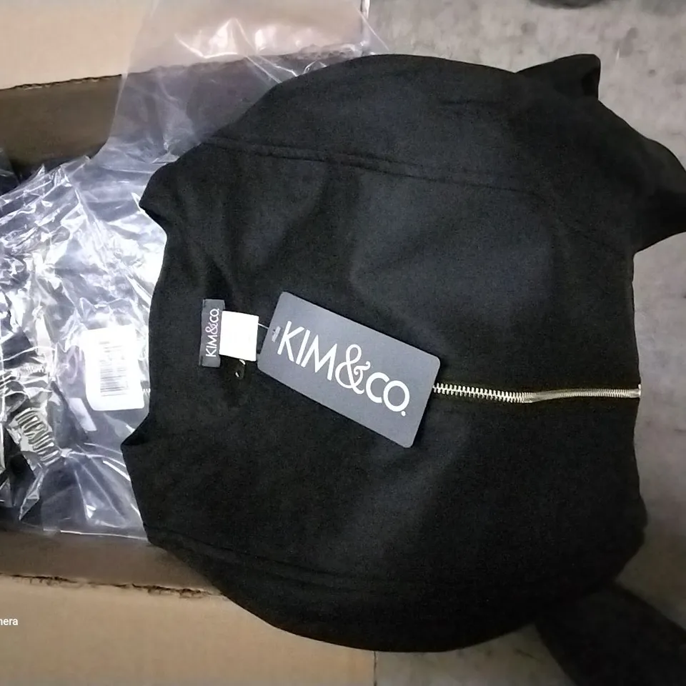 BOX OF APPROXIMATELY 30 ASSORTED BRAND NEW BAGGED KIM AND CO BLACK ZIP UP JACKETS VARIOUS SIZES