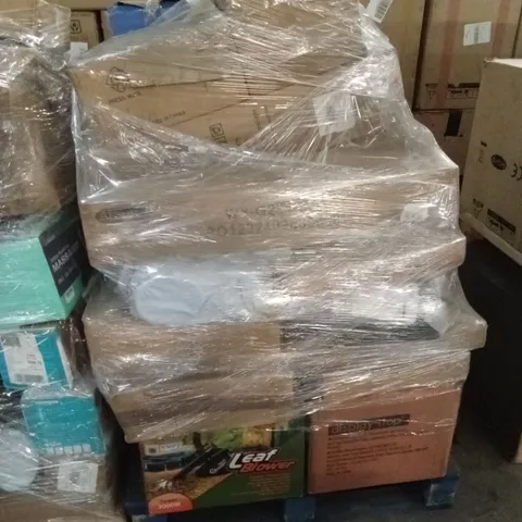 PALLET OF ASSORTED HOUSEHOLD GOODS AND PRODUCTS TO INCLUDE; HEAT PRESS, LEAF BLOWER, PET TRAY, BIN BAGS ETC