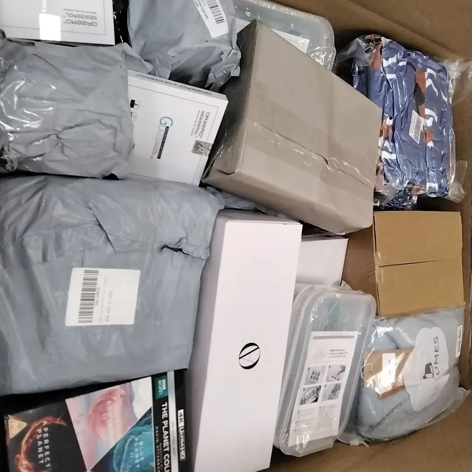 PALLET CONTAINING 4 BOXES OF ASSORTED HOUSEHOLD ITEMS TO INCLUDE SEALED PLANET COLLECTION DVD, BOXED ALLOT SHOES AND N-S OLED PROTECTIVE CASE