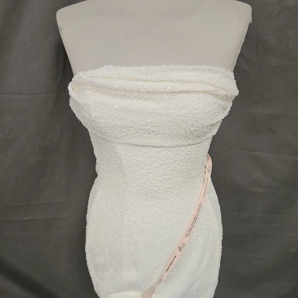 OH POLLY BEADED STRAPLESS COWL NECK MINI DRESS IN IVORY SIZE 12