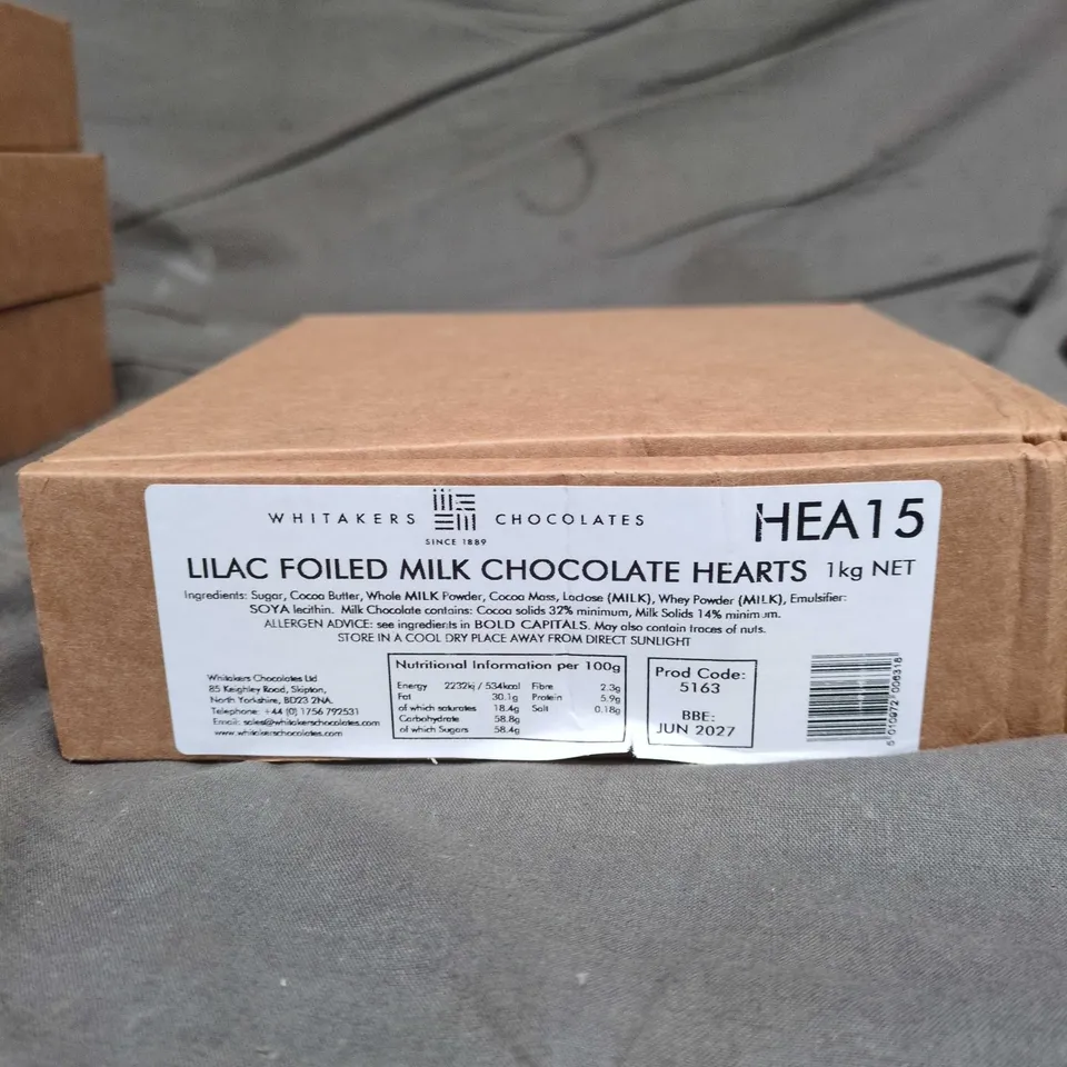 WHITAKERS LILAC FOILED MILK CHOCOLATE HEARTS – 1KG NET (APPROX. 166 PIECES)