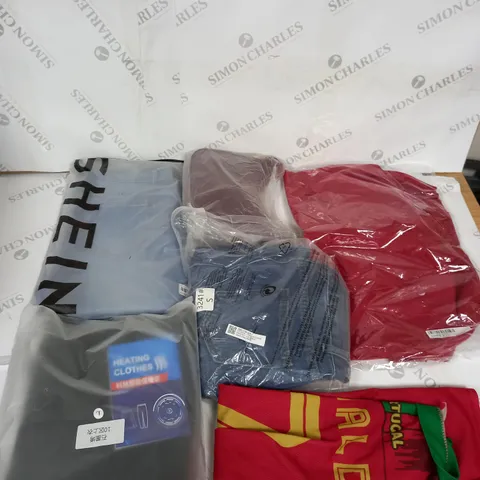 LARGE BOX OF ASSORTED CLOTHING ITEMS IN VARIOUS COLOURS AND SIZES INCLUDING TROUSERS , TOPS AND JUMPERS