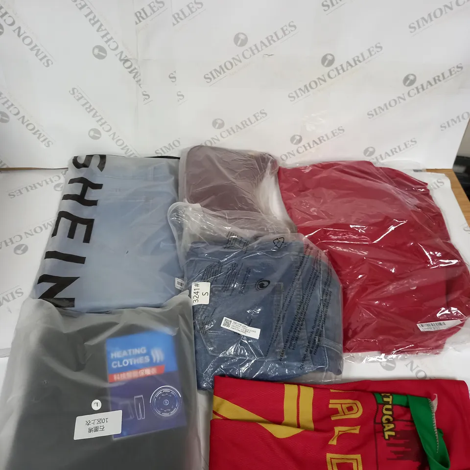 LARGE BOX OF ASSORTED CLOTHING ITEMS IN VARIOUS COLOURS AND SIZES INCLUDING TROUSERS , TOPS AND JUMPERS 