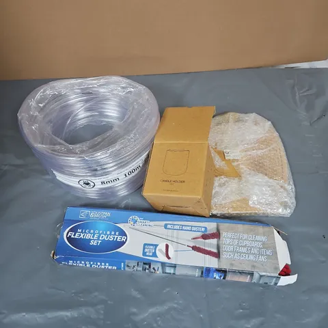BOX OF APPROXIMATELY 12 ASSORTED HOUSEHOLD ITEMS TO INCLUDE - CLEAR PVC HOSE - CANDLE HOLDER - BASKET - ETC