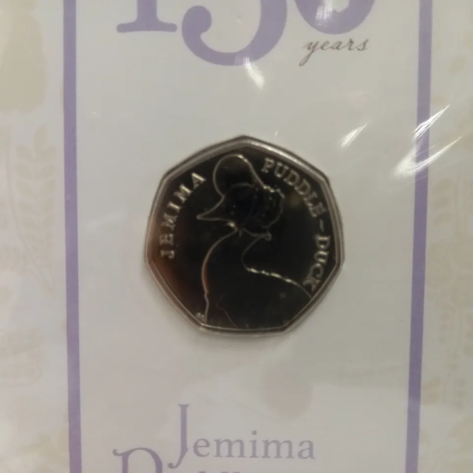 THE ROYAL MINT `BEATRIX POTTER 150 YEARS` COMMEMORATIVE COIN - JEMIMA PUDDLE-DUCK 50P