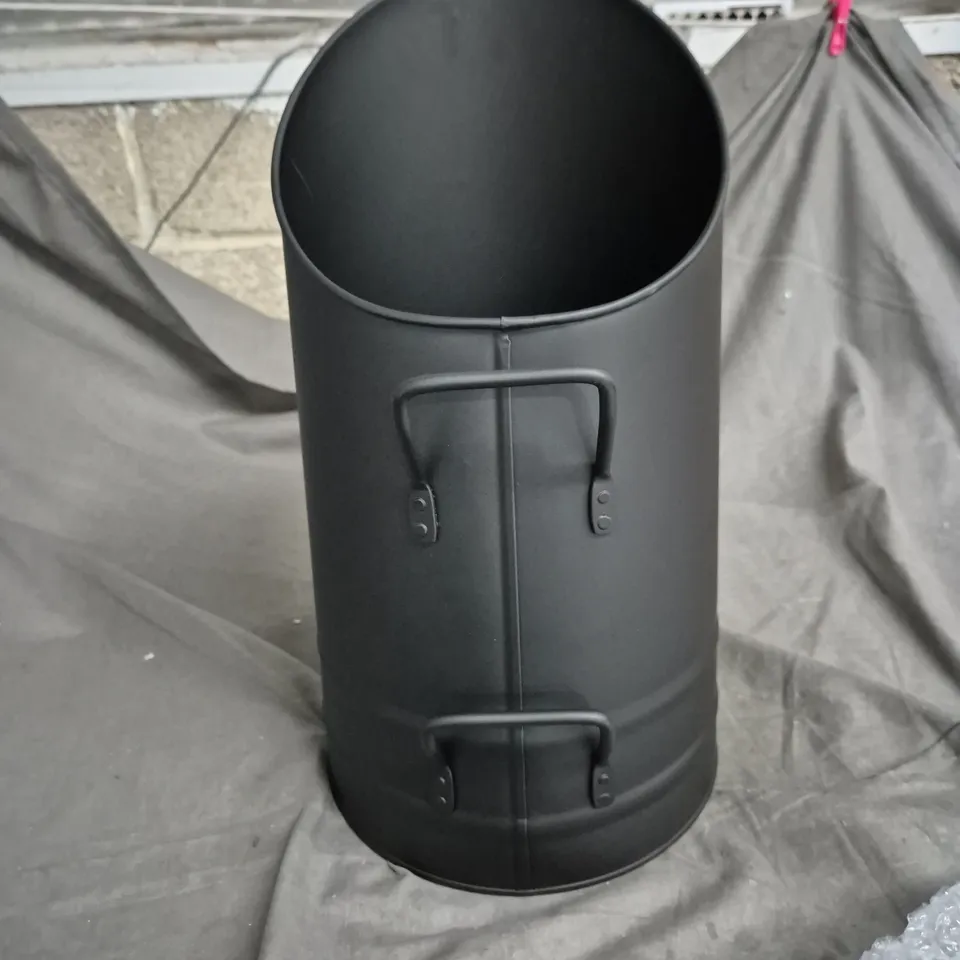 BLACK METAL CYLINDRICAL OUTDOOR STORAGE CONTAINER WITH SIDE HANDLES – OPEN TOP