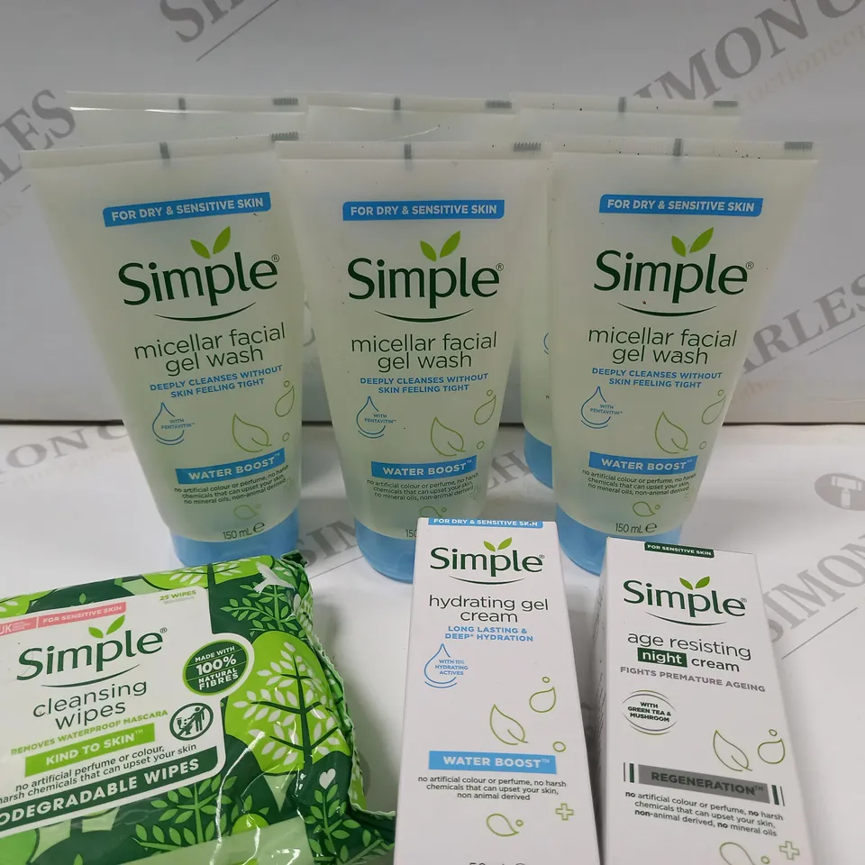 BOX OF APPROX 8 SIMPLE ITEMS TO INCLUDE SIMPLE MICELLAR FACIAL WASH (6X150ML), CLEANSING WIPES AND AGE RESISTING NIGHT CREAM (50ML)