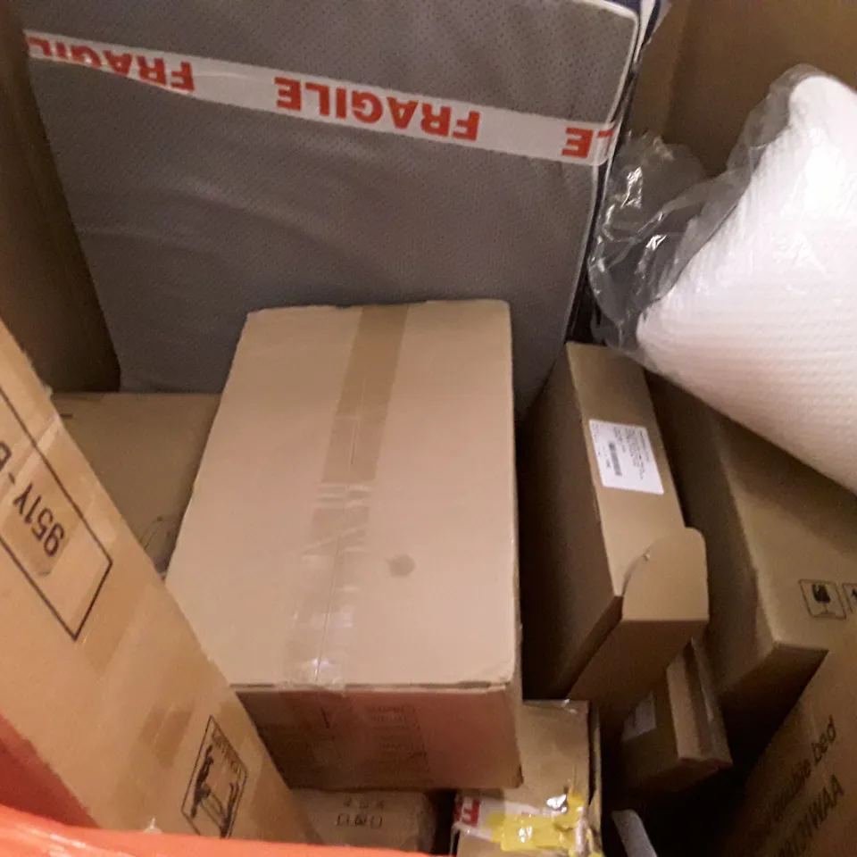 PALLET OF ASSORTED PRODUCTS INCLUDING STOREMIC TOILET SEAT, AIR FRYER, LAUNDRY BASKET, BLADELESS PURIFIER & HEATER FAN, PINE DOUBLE BED, STAINLESS STEEL FAUCET