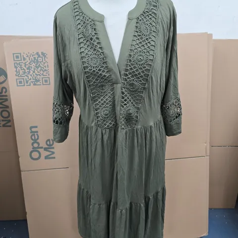 BONPRIX OLIVE GREEN DRESS WITH CROCHET LACE FRONT β WOMENβS, UK 12-14 (EU 40/42)