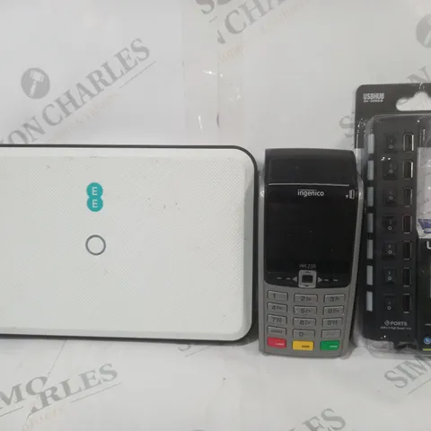 APPROXIMATELY 10 ASSORTED HOUSEHOLD ITEMS TO INCLUDE EE WIFI ROUTER, INGENICO CARD TERMINAL, USB 2.0 HUB, ETC