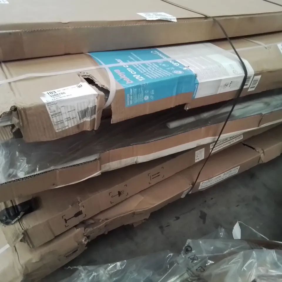 PALLET OF ASSORTED BOXED SHOWER PANELS & ENCLOSURES, INCLUDING BELOYA 120 CLEAR WALK IN.