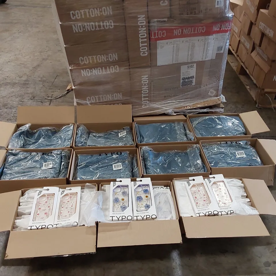 PALLET OF ASSORTED CONSUMER AND HOUSEHOLD PRODUCTS TO INCLUDE; TYPO DENIM JEAN SHORTS, TYPO PHONE CASES ECT.
