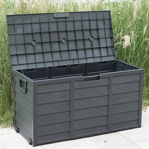 BLACK 300L PLASTIC STORAGE BOX GARDEN OUTDOOR SHED UTILITY CUSHION CHEST TRUCK
