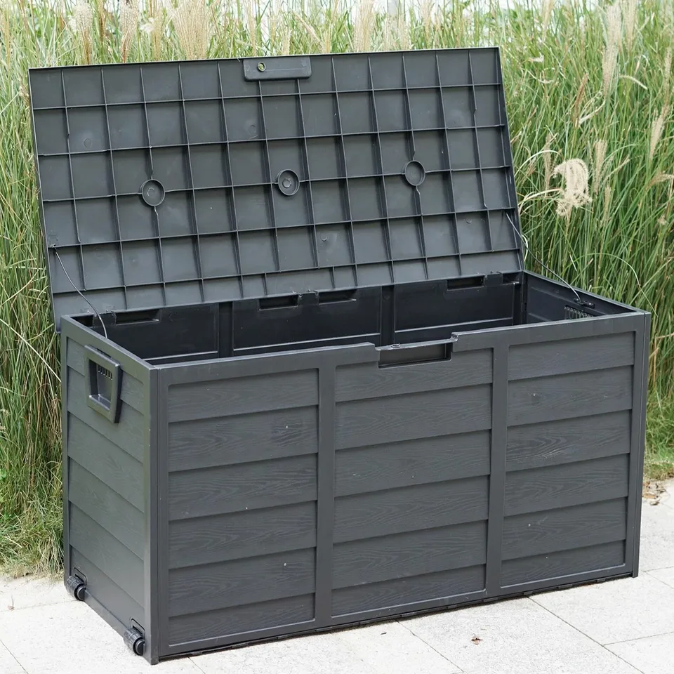 BOXED BLACK 300L PLASTIC STORAGE BOX GARDEN OUTDOOR SHED UTILITY CUSHION CHEST TRUCK