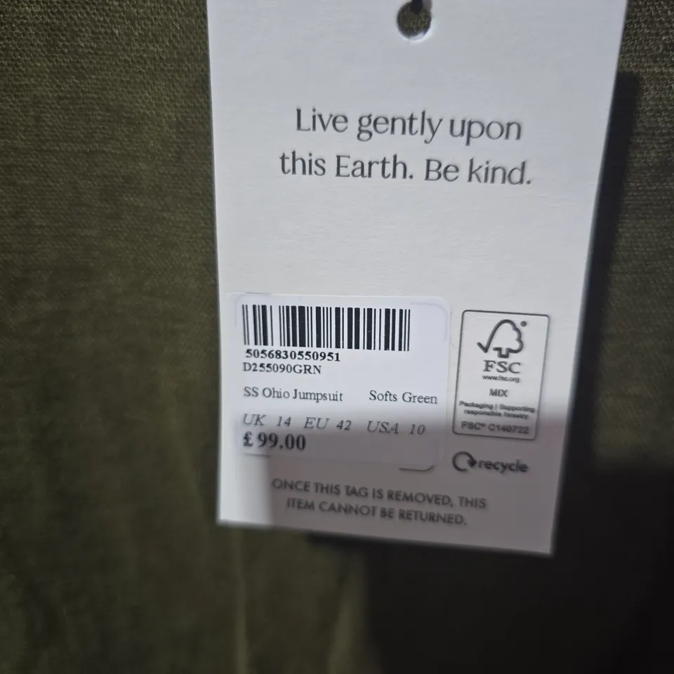 NOBODY'S CHILD SS OHIO JUMPSUIT – UK 14 (EU 42, USA 10) SOFT GREEN