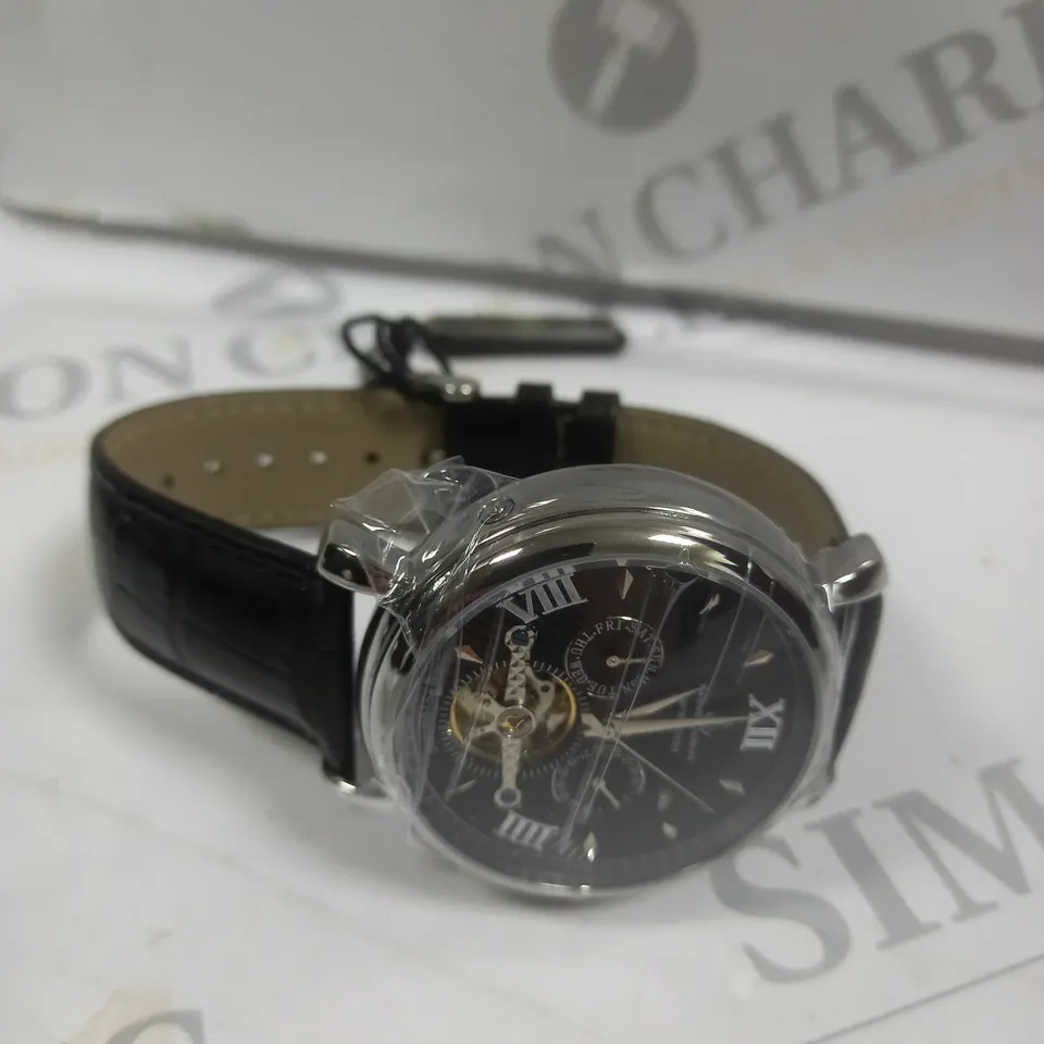 BOXED SAMUEL JOSEPH AUTOMATIC STEEL BLACK WATCH WITH LEATHER STRAP