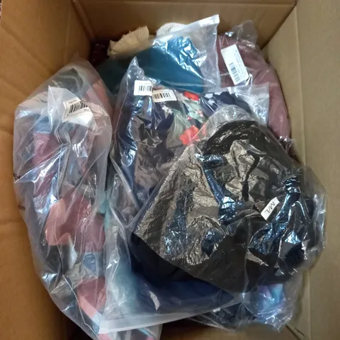 MEDIUM BOX OF ASSORTED CLOTHING ITEMS IN VARIOUS SIZES AND COLOURS