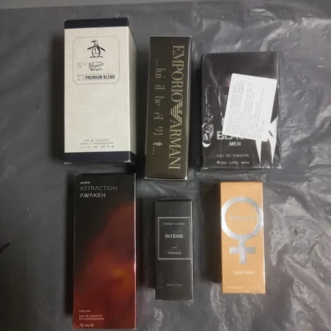 BOX OF APPROX 6 ASSORTED SEALED BOXED FRAGRANCES TO INCLUDE - PENGUIN EAU DE TOILETTE - AVON ATTRACTION AWAKEN - BLACK EAU DE TOILETTE - ETC