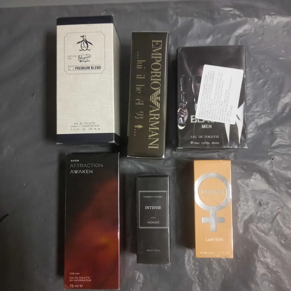 BOX OF APPROX 6 ASSORTED SEALED BOXED FRAGRANCES TO INCLUDE - PENGUIN EAU DE TOILETTE - AVON ATTRACTION AWAKEN - BLACK EAU DE TOILETTE - ETC