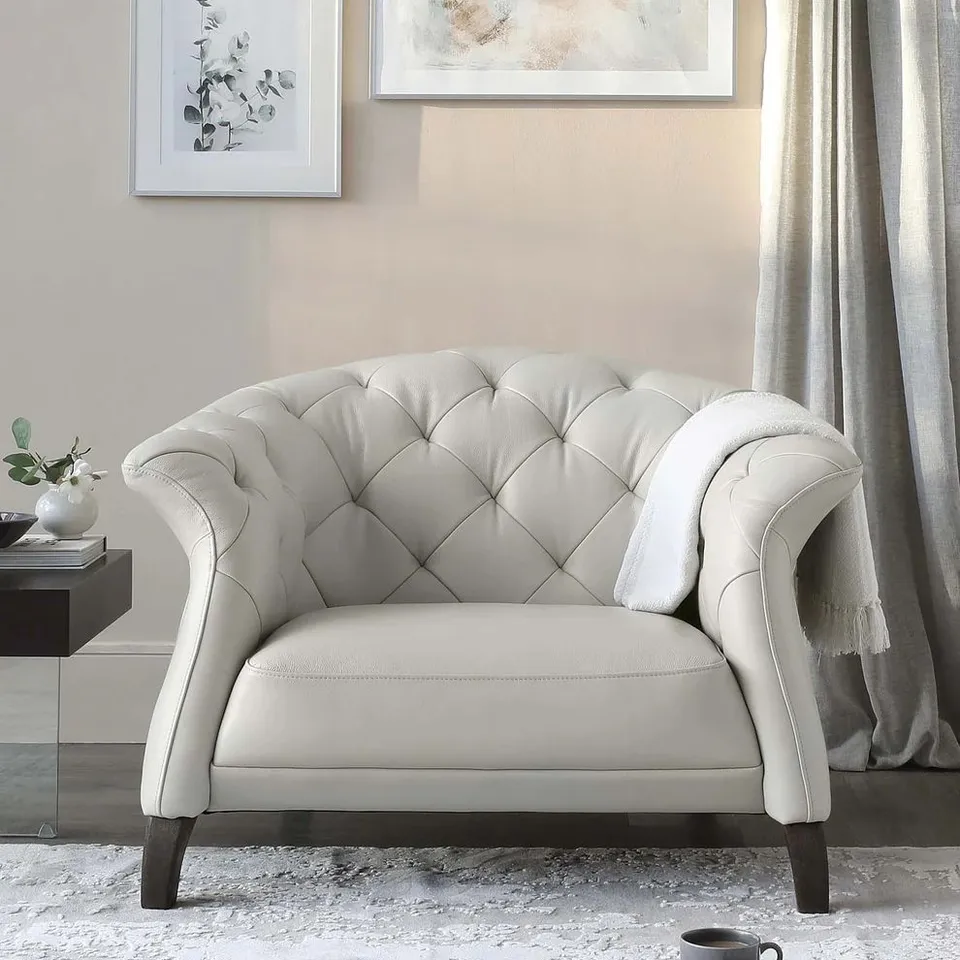 BOXED DANETTI LUXE MODERN NATURAL GREY LEATHER AND DARK WOOD LEG ARMCHAIR