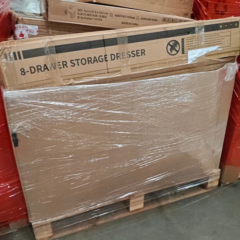 PALLET OF ASSORTED HOUSEHOLD GOODS AND PRODUCTS TO INCLUDE; COMPUTER DESK,STORAGE DRESSER,SINGLE BED