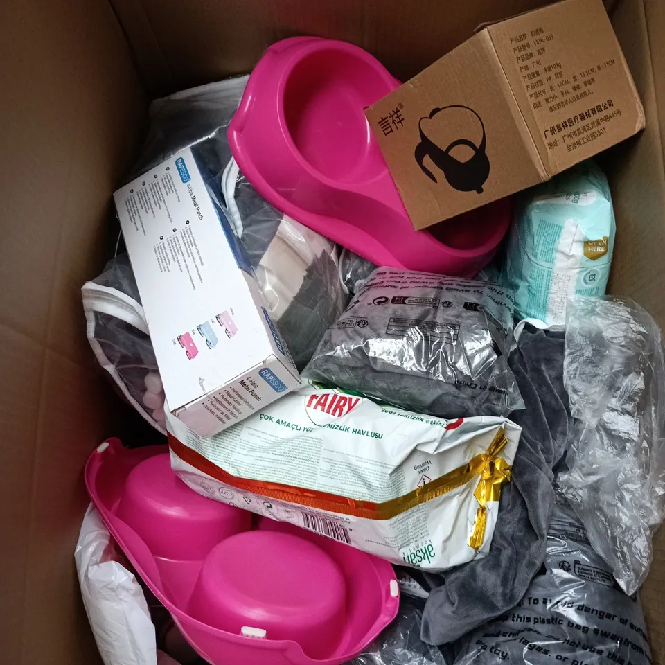 BOX OF APPROXIMATELY 20 ASSORTED ITEMS TO INCLUDE PAMPERS, FAIRY, PET BOWL, 4 HOLE METAL PUNCH ETC
